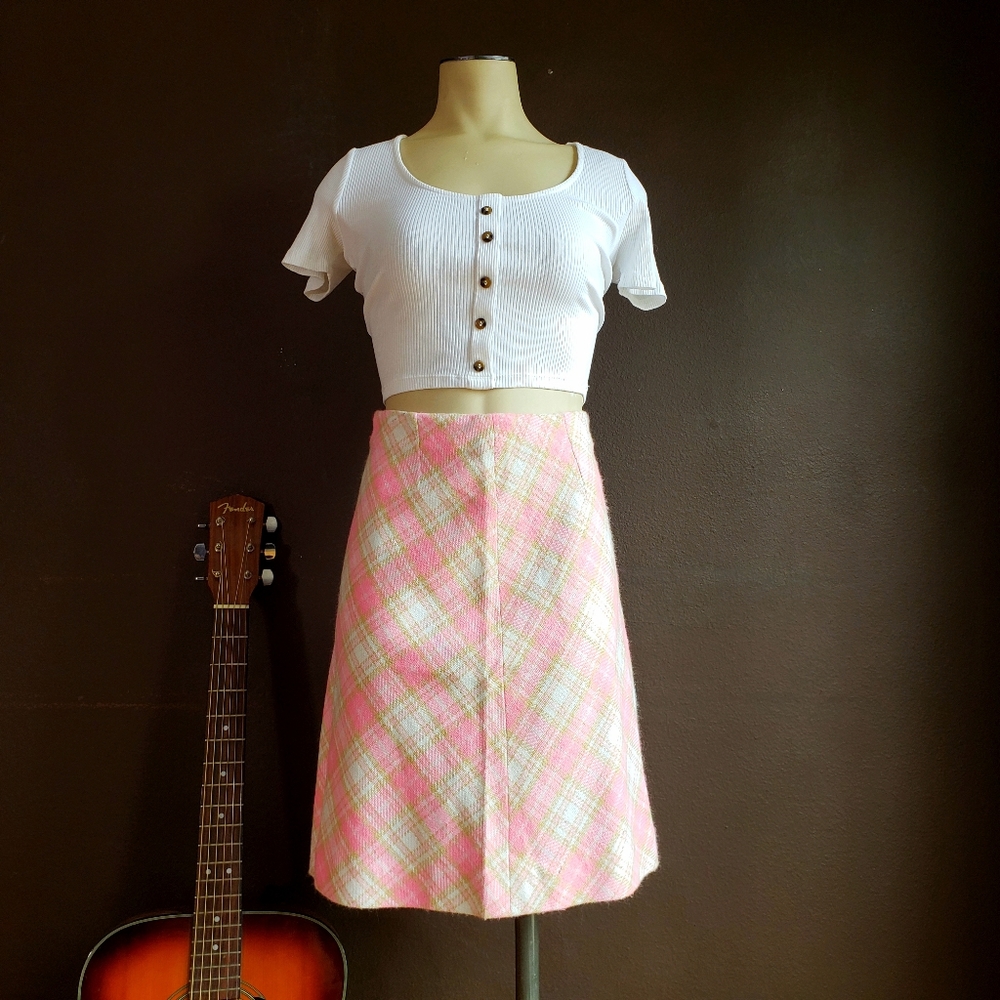 Vintage 60s Pink Plaid Mini Skirt - Picture 2 of 13